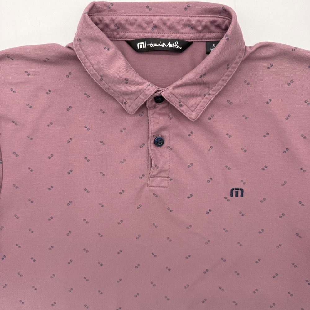 TravisMathew Polo Shirt Mens S Mauve Geometric Micro Print Short Sleeve Golf Tee